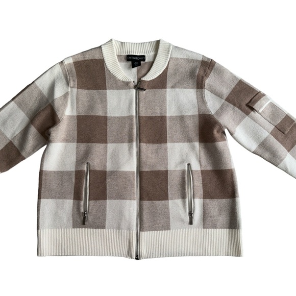 Cynthia Fowler Knit Plaid Jacket Brown And Ivory Full Zip Size Medium - Picture 1 of 8